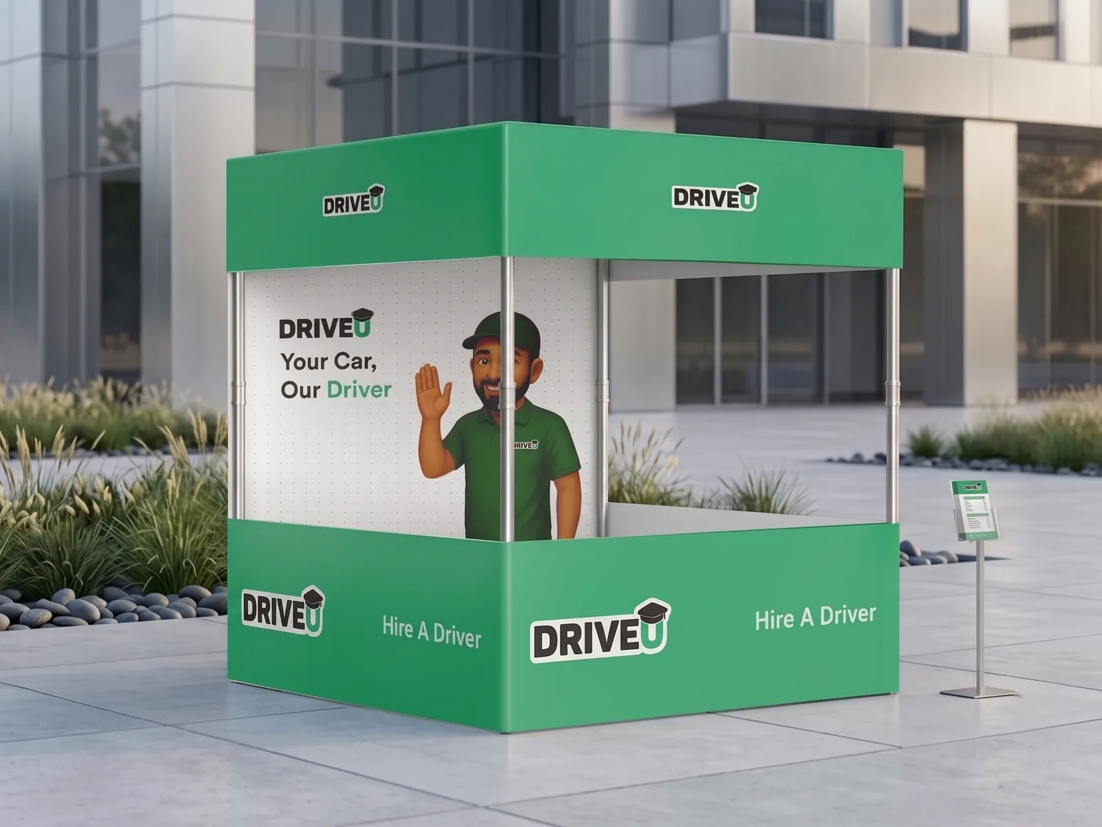 DriveU branded four-sided kiosk installed outside an office campus