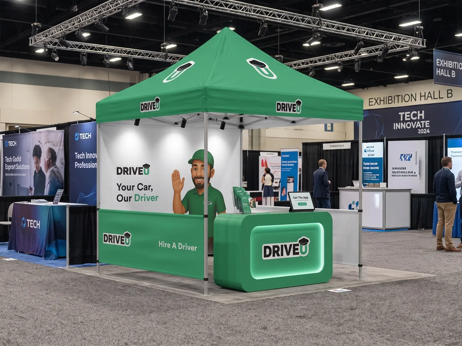 DriveU 10 by 10 foot event canopy set up on an exhibition floor