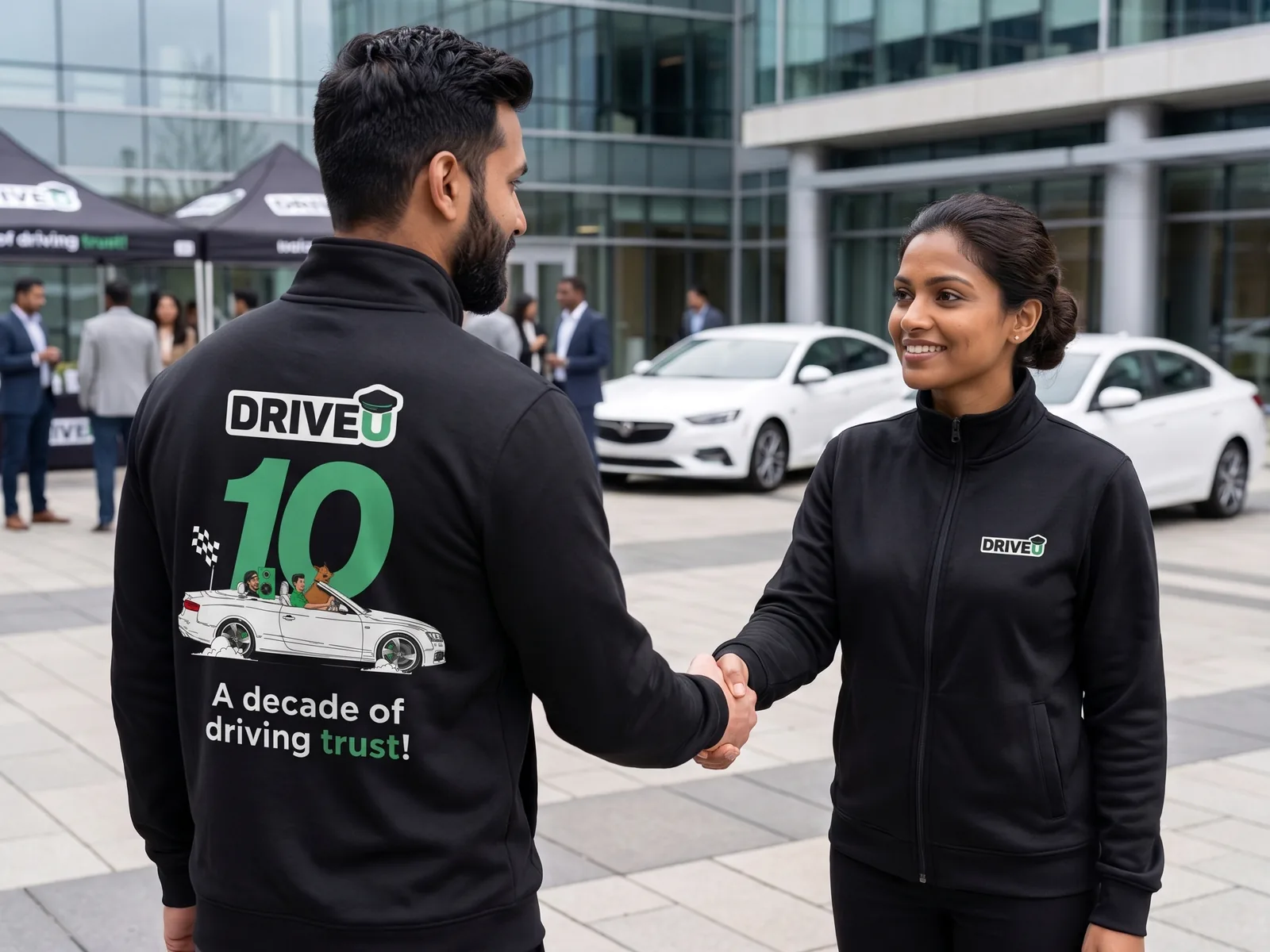 DriveU team wearing the ten-year anniversary jacket reading A decade of driving trust