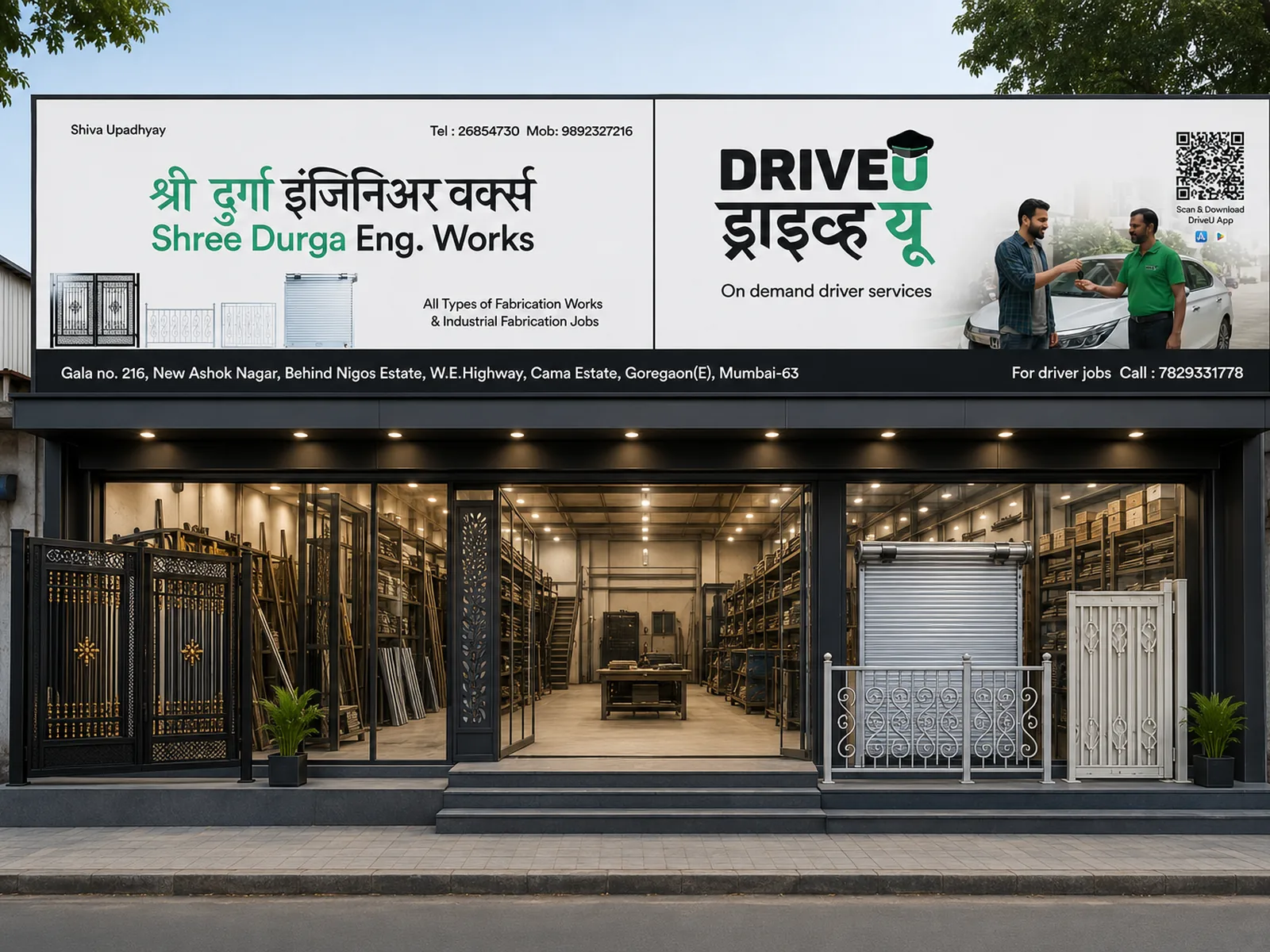 DriveU co-branded 32-foot shopfront hoarding above partner workshop Shree Durga Engineering Works in Mumbai