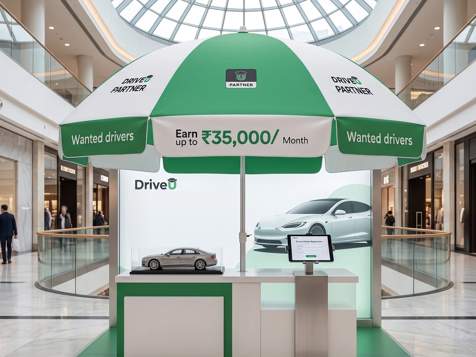DriveU Partner recruitment umbrella kiosk in a mall reading Wanted drivers, earn up to 35,000 rupees a month