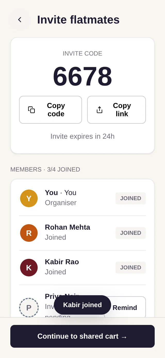 Invite flatmates — members joining the shared cart