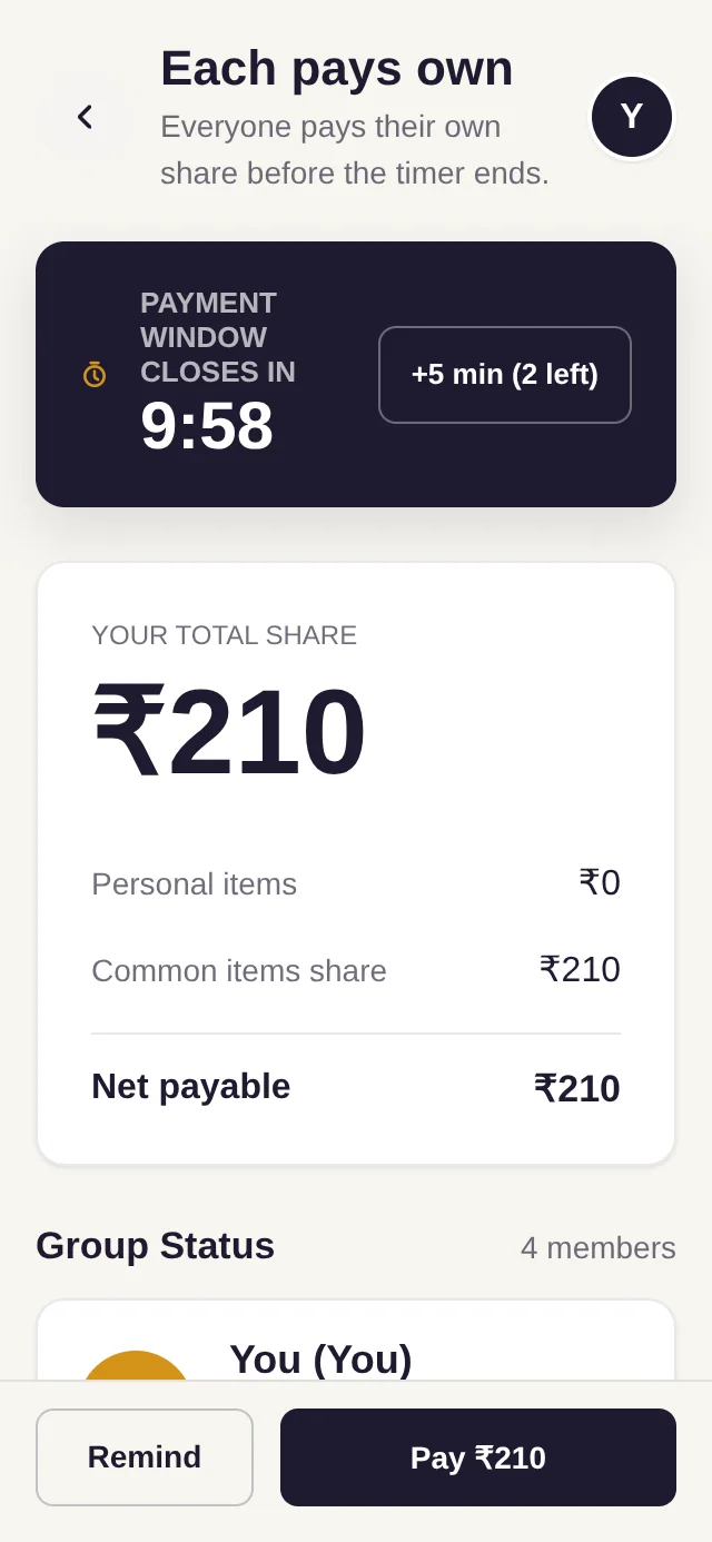 Each pays own — per-member split payment